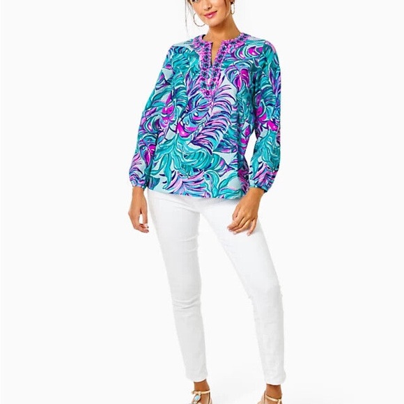 NWT Lilly Pulitzer Coretta Tunic in Seasalf Blue Don’t Wanna Leaf, size L - Picture 2 of 4